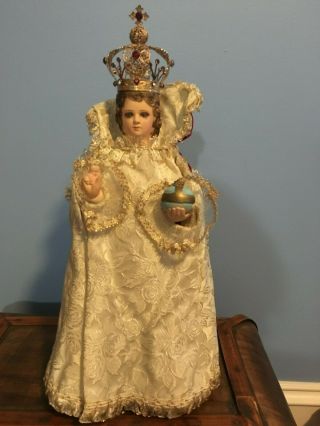 Vintage Jesus Infant Of Prague Chalkware / Plaster Statue - Jeweled Crown