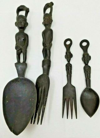 Vintage Set Of 4 Carved African Tribal Ebony Salad Spoon Fork Wood Large Small