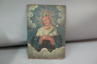 Antique Religious Tin Painting (spanish?) Woman Saint Holding Flowers Folk Art