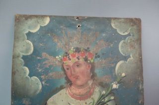 Antique Religious Tin Painting (Spanish?) Woman Saint Holding Flowers Folk Art 2