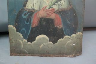 Antique Religious Tin Painting (Spanish?) Woman Saint Holding Flowers Folk Art 3