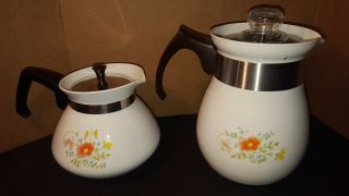 (2) Corning Ware Wild Flower 6 Cup Stove Top Coffee Pot Percolators
