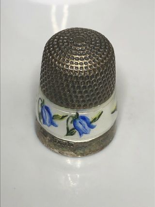 Thimble Sterling Silver And White Enamel With Bluebell Flowers Marked Guilloche