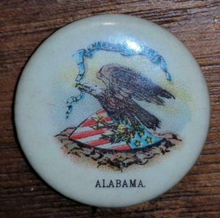 SWEET CAPORAL Cigarette advertising pin ALABAMA STATE SEAL COAT ARMS 2