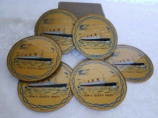 (6) Antique Rms Queen Mary Reverse Painted Glass Coasters W/orig.  Box Great Cond.