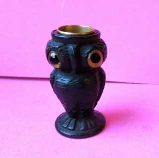 Antique Charmer Carved Irish Bog Oak Owl Sewing Childs Thimble Hold,  Glass Eyes.