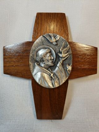 Vintage St Francis Wall Wood Cross Plaque With Metal Medallion Of Saint Francis