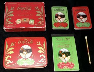 Vtg Old Fashioned Enjoy Coca Cola Advertising Tin Playing Cards Bridge Card Set