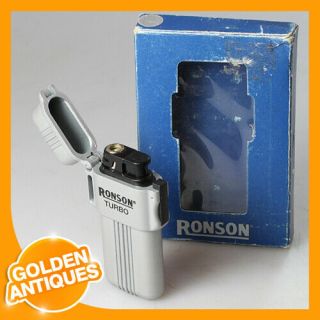Vintage Ronson Turbo England Grey Portable Pocket Cigarette Gas Lighter