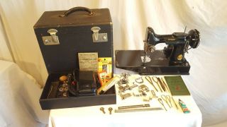 1938 Singer 221 - 1 Featherweight Electric Sewing Machine,  Attachments,  Case