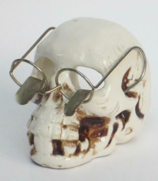 Vtg 1960s Halloween Skeleton Skull Ceramic Ashtray W/ Cigarette Rest Eye Glasses