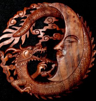 Dragon & Crescent Moon Wall Art Plaque Panel Hand Carved Balinese Wood Carving