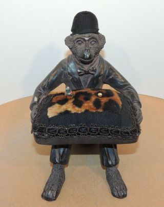 Sitting Monkey In A Suit Figurine Holding Pin Cushion 5 Inches Tall (11399)