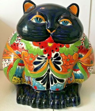 Reserved Mexican Talavera Fat Cat Animal Pottery Planter Kitty Ceramic Large 13 "