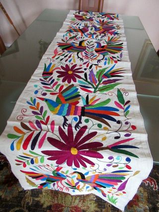 Mexican Otomi Embroidery Handmade Ethnic Mayan Art Table Runner 74 " X 17 3/4 "
