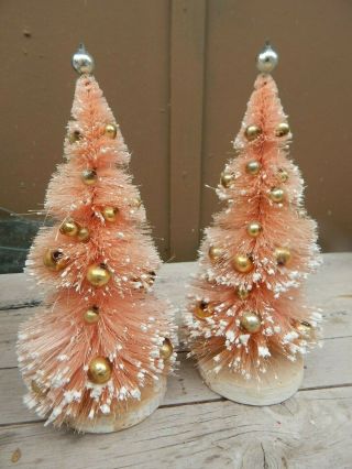 2 Vintage Bottle Brush Christmas Trees Light Pink Eith Gold Glass Bulbs