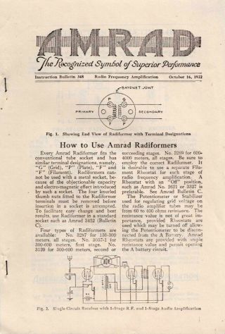 5 Copies Of Old Amrad Radio Bulletins 1922 Early Antique Vintage 1920 