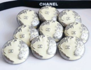 Chanel Buttons Set Of 9 Cc Logo 25.  5 Mm Silver Tone Metal White Enamel