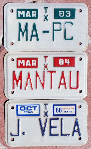 3 - 1980s Texas Personalized Motorcycle License Plates - Ma - Pc - Mantau - J.  Vela
