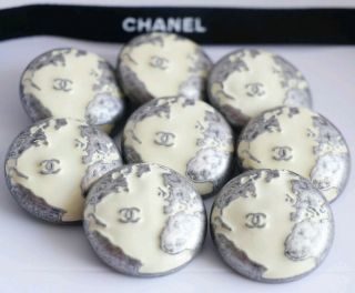 Chanel Buttons Set Of 8 Cc Logo 25.  5 Mm Silver Tone Metal White Enamel