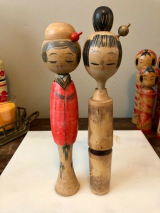 Vintage Mid - Century Kokeshi,  Japanese Wooden Dolls Signed こけし,  小芥子