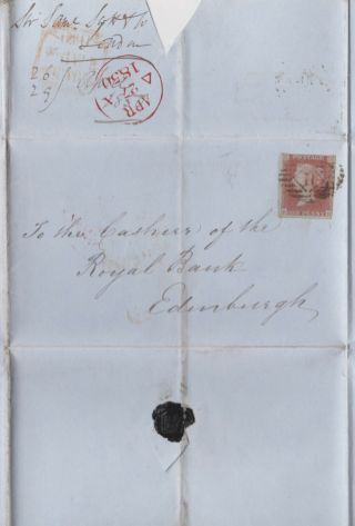 1850 Qv London Cover With A 1d Penny Red Imperf Stamp Sent To Edinburgh Bank