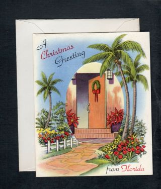 G234 Vintage Christmas Greeting Card Circa 1940s 4.  5x5.  5 Florida