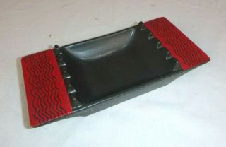 Vtg Mid Century Modern Hyalyn Porcelain Pottery Ashtray Black W/ Red Accents