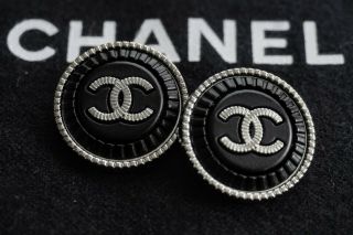 Rare Chanel Buttons Set Of 2 Cc Logo 22.  5 Mm Silver Toned Metal Black Leather