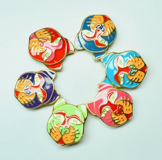 6 Laurel Burch Cat Face Enameled Metal Button Covers Bright Colors 1 1/8 " High