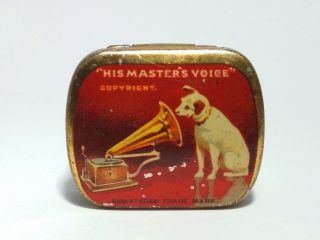 Vintage His Masters Voice Red Gramophone Needle Tin Nadeldose