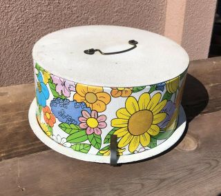 Vintage Metal Round Cake Carrier Keeper Storage Hand Painted Flowers Ballanoff 2