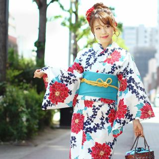 Japanese Ladies Kimono - Yukata Red White Obi Belt Set Of 2 Blue -