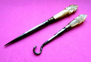 Antique Carved Pearl Handle Glove Button Hook & Stiletto Sewing.