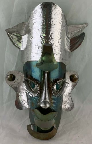 Vintage Mexico Folk Art Tin Metal Native Mask Glass Eyes Wall Hanging Decor
