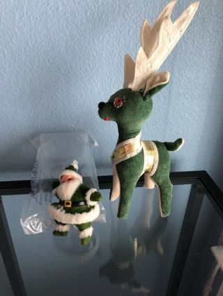 Vintage Green Velveteen Christmas Deer Reindeer And Santa Claus