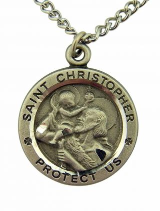 Pewter Saint St Christopher Medal Pendant With Bright Cut Accents,  1 3/16 Inch