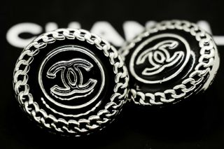 Chanel Button Set Of 2 Cc Logo 0.  8inch 20mm Silver Tone Metal Black Enamel
