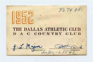 Dallas Athletic Club 1952 Dac Country Club Membership Card Dallas Texas