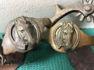 RARE ANTIQUE BRASS HORSE HEAD SPUR ' S WITH LEATHER STAPES 3