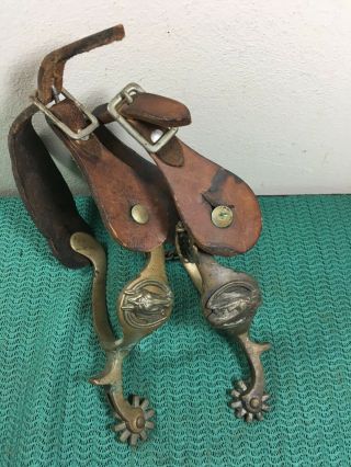RARE ANTIQUE BRASS HORSE HEAD SPUR ' S WITH LEATHER STAPES 7