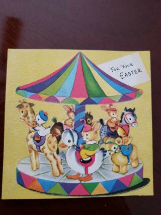 Vtg Gibson Easter Greeting Card Merry - Go - Round Animals Bunny Duck Flocked 50s