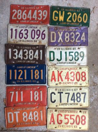 12 Illinois License Plates 1957 58 59 60 61 62 63 64 65 66 67 1968 Old Rare Tags