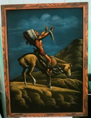 Native American Indian On Horse Black Velvet Framed Painting 28 " X 38 " Signed