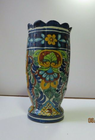 Talavera Ceramic Vase Hand Painted Polychrome Floral Design Cobalt Scalloped Rim