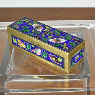 Vtg Painted Enamel Cloisonne Brass Stamp Trinket Snuff Pill Box Flowers Floral