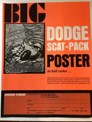 1969 Dodge Scat Pack Poster Order Form Charger Coronet Dart Superbee