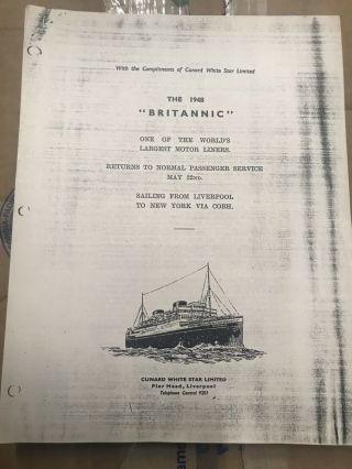 Britannic 5/28/48 Return To Service Publicity Packet Cunard White Star