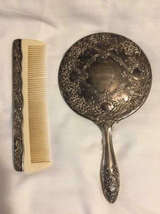 Vintage Silver Plated Hand Mirror And Comb Dresser Vanity Set Art Deco