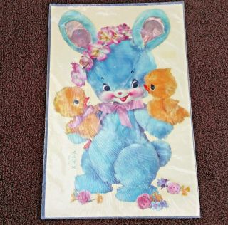 Vintage Meyercord Decal Blue Bunny Chicks Print Large Kitschy Rabbit Easter